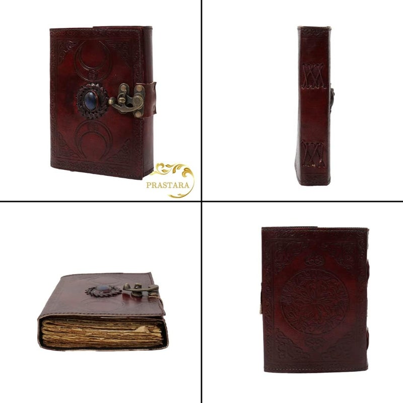 PRASTARA Blank spell book of shadows journal with lock clasp prop vintage handmade leather third eye stone diary embossed triple moon prayer pagan unlined paper witchcraft wiccan notebook daily 7 x 5 Inches. - Image 2